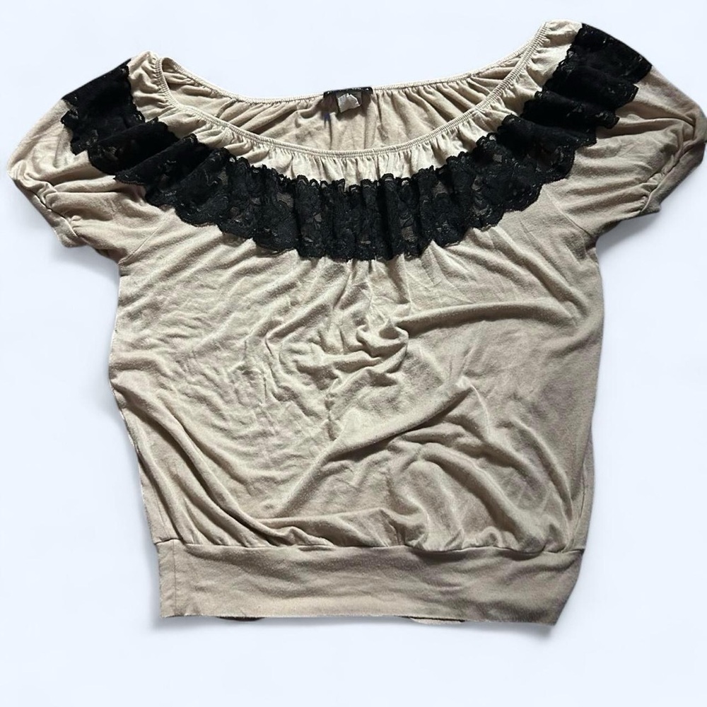 Pretty Good Beige Top with Black Lace Detail